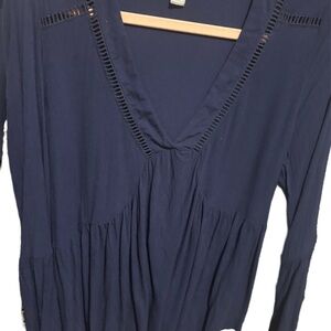 Falls creek Women's Navy V-Neck peasant Long Sleeve Top with Ladder Trim